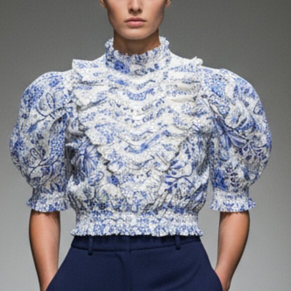 $221 Hermant & Nandita blue floral cropped top M - Picture 1 of 12